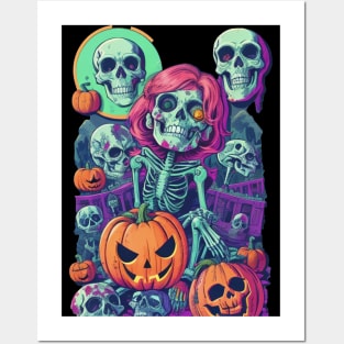 Skeleton Gang and Pumpkin Halloween Theme. Posters and Art